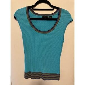 Womans‎ Y2K Jeanne Pierre Blue Quarter Sleeve Sweater Small with Rainbow Details